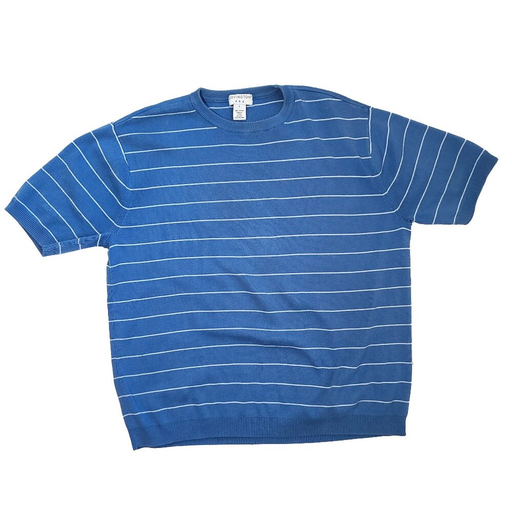 Men's Vintage Y2K Knit Short Sleeve Shirt - Blue, Striped, Large